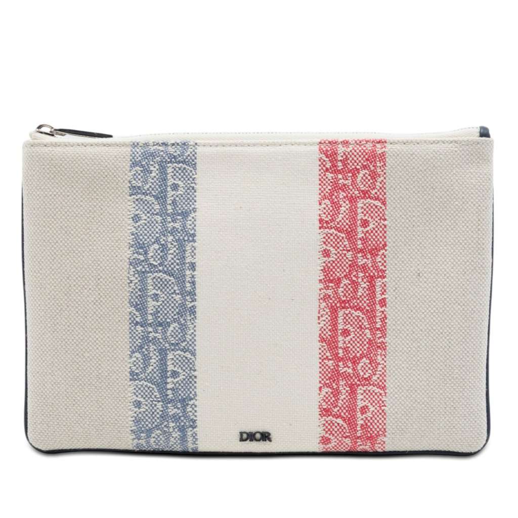 Dior Tricolor Oblique Canvas Stripe Zip Pouch Beige Very good condition - Front View
