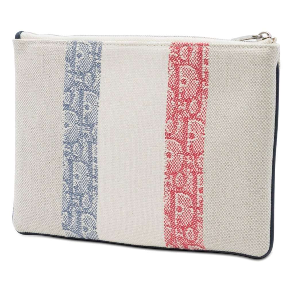 Dior Tricolor Oblique Canvas Stripe Zip Pouch Beige Very good condition - Back View