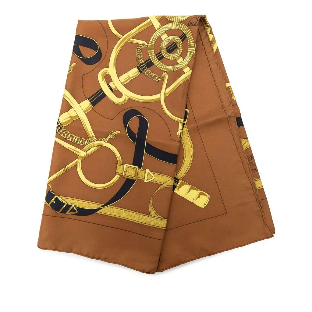 Hermès Eperon D Or Silk Scarf 90 Brown Very good condition - Front View