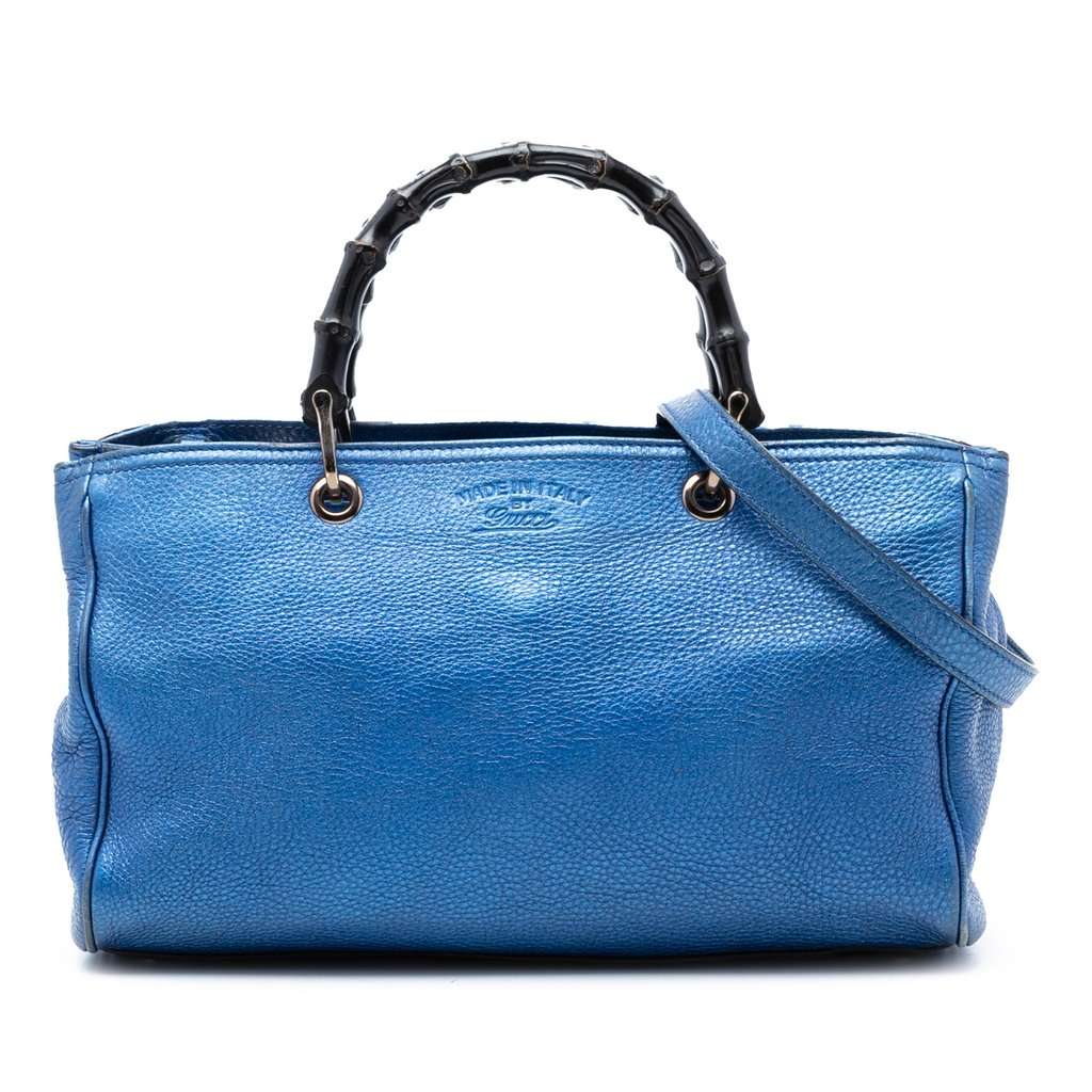 Gucci Medium Metallic Calfskin Bamboo Shopper Satchel Blue Leather Very good condition - Front View