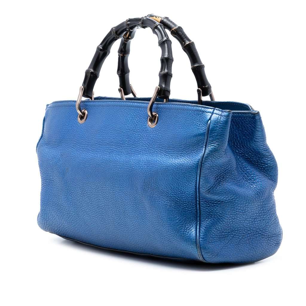 Gucci Medium Metallic Calfskin Bamboo Shopper Satchel Blue Leather Very good condition - Back View