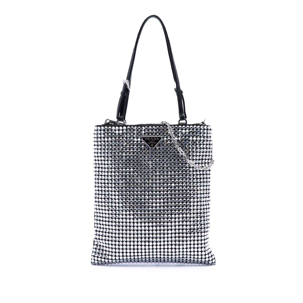 Prada Satin Crystal Embellished Chain Flat Tote Black Good - Front View