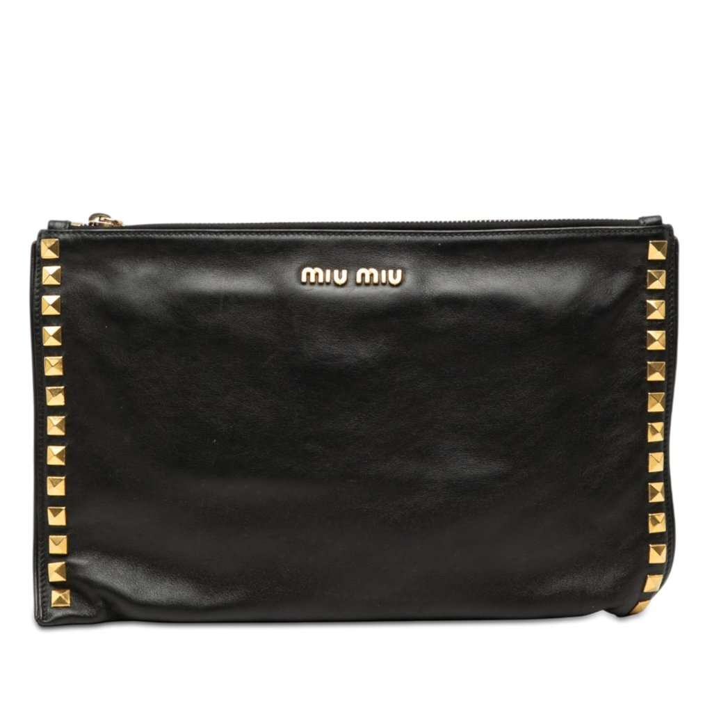 Miu Miu Studded Leather Zip Clutch Black Leather Very good condition - Front View