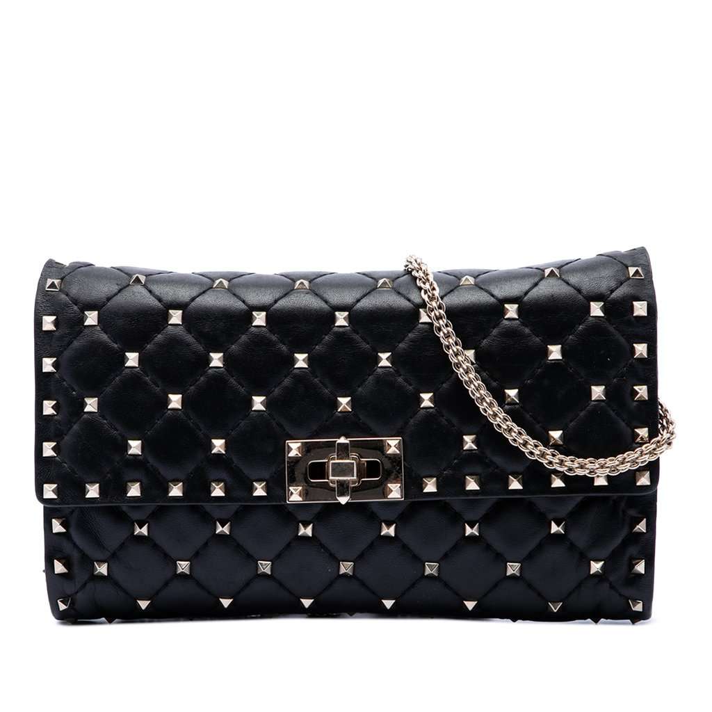 Valentino Nappa Rockstud Spike Wallet On Chain Black Leather Very good - Front View