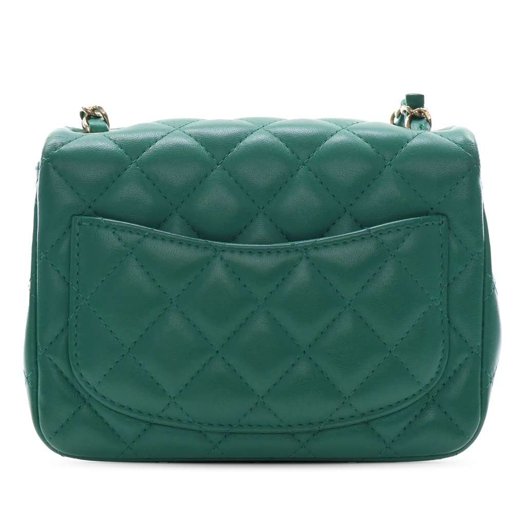 Chanel Mini Square Classic Lambskin Single Flap Green Leather Very good condition - Back View