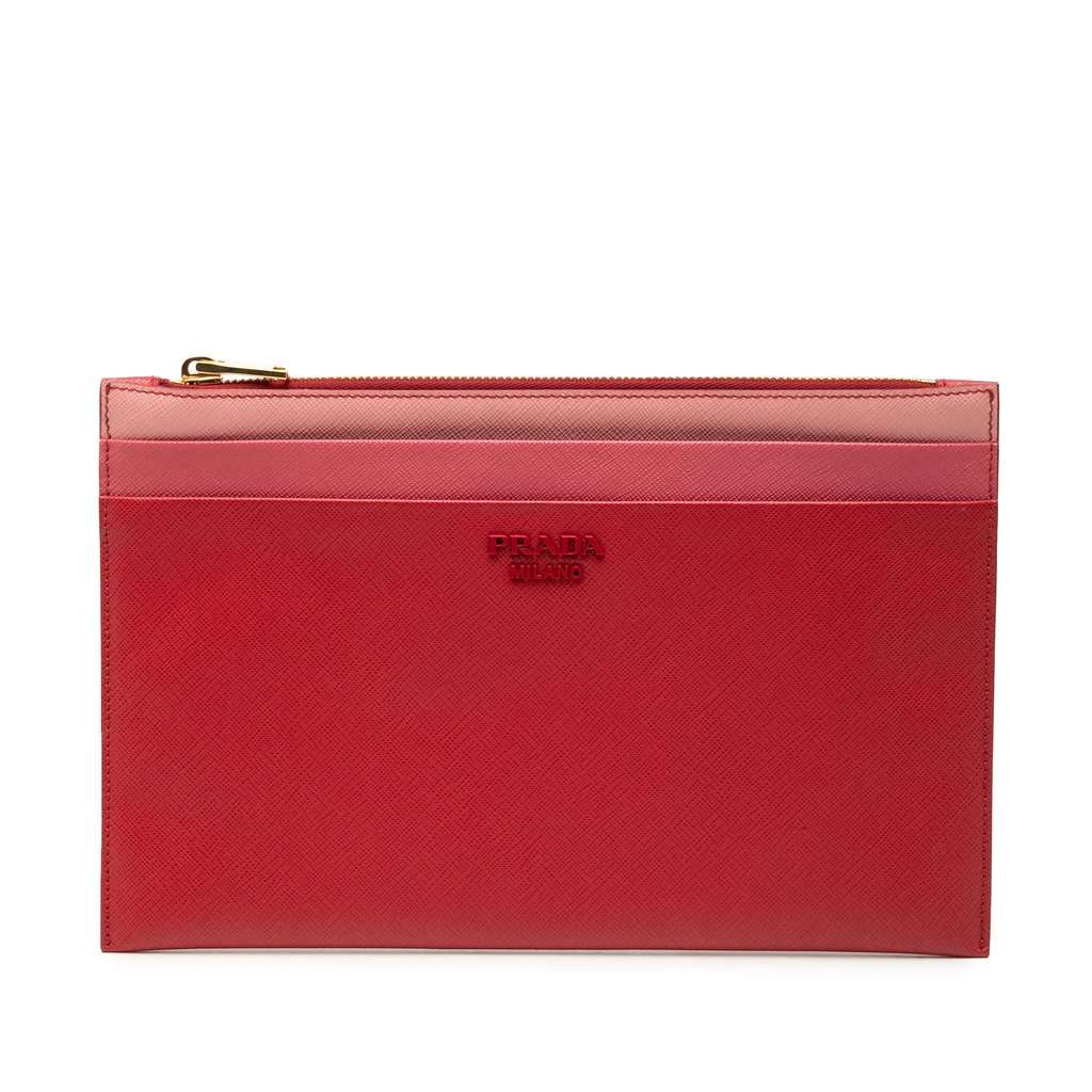 Prada Tricolor Saffiano Zippered Portfolio Clutch Red Leather Very good condition - Front View