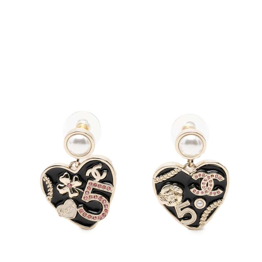 Chanel CC Gold Plated Faux Pearl Strass and Resin Heart Drop Push Back Earrings Gold Plastic Very good - Front View