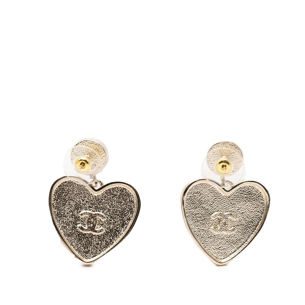 Chanel CC Gold Plated Faux Pearl Strass and Resin Heart Drop Push Back Earrings Gold Plastic Very good - Back View