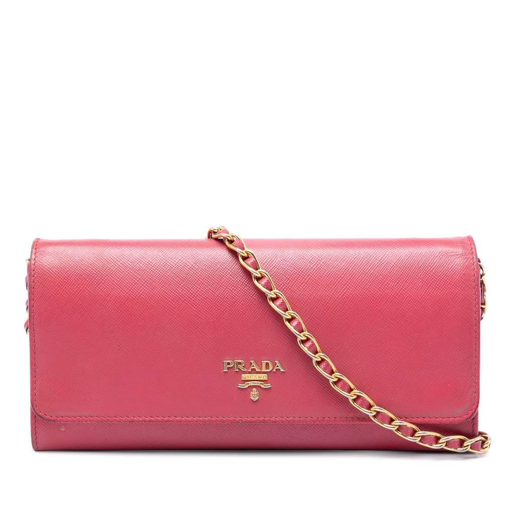 Prada Saffiano Wallet On Chain Pink Leather Very good - Front View