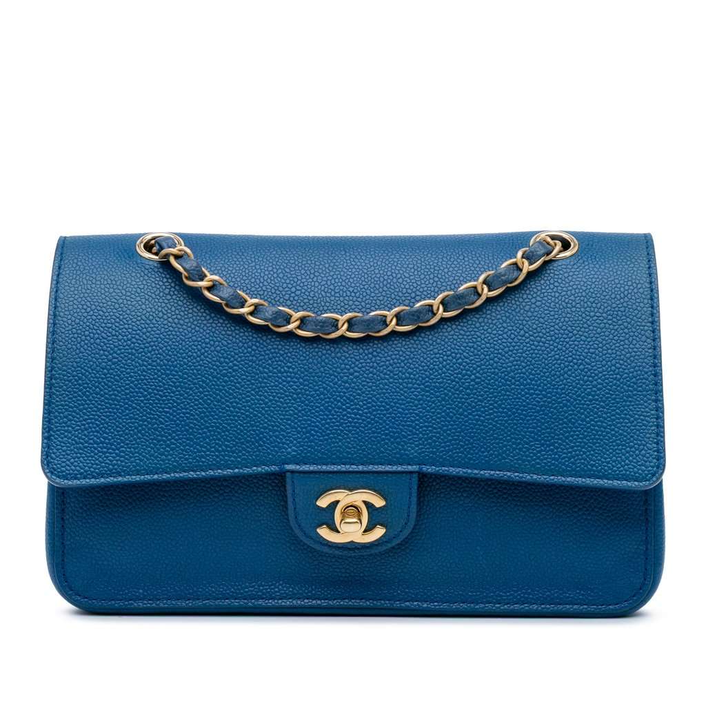 Chanel Medium Classic Caviar Pure Double Flap Blue Leather Very good condition - Front View