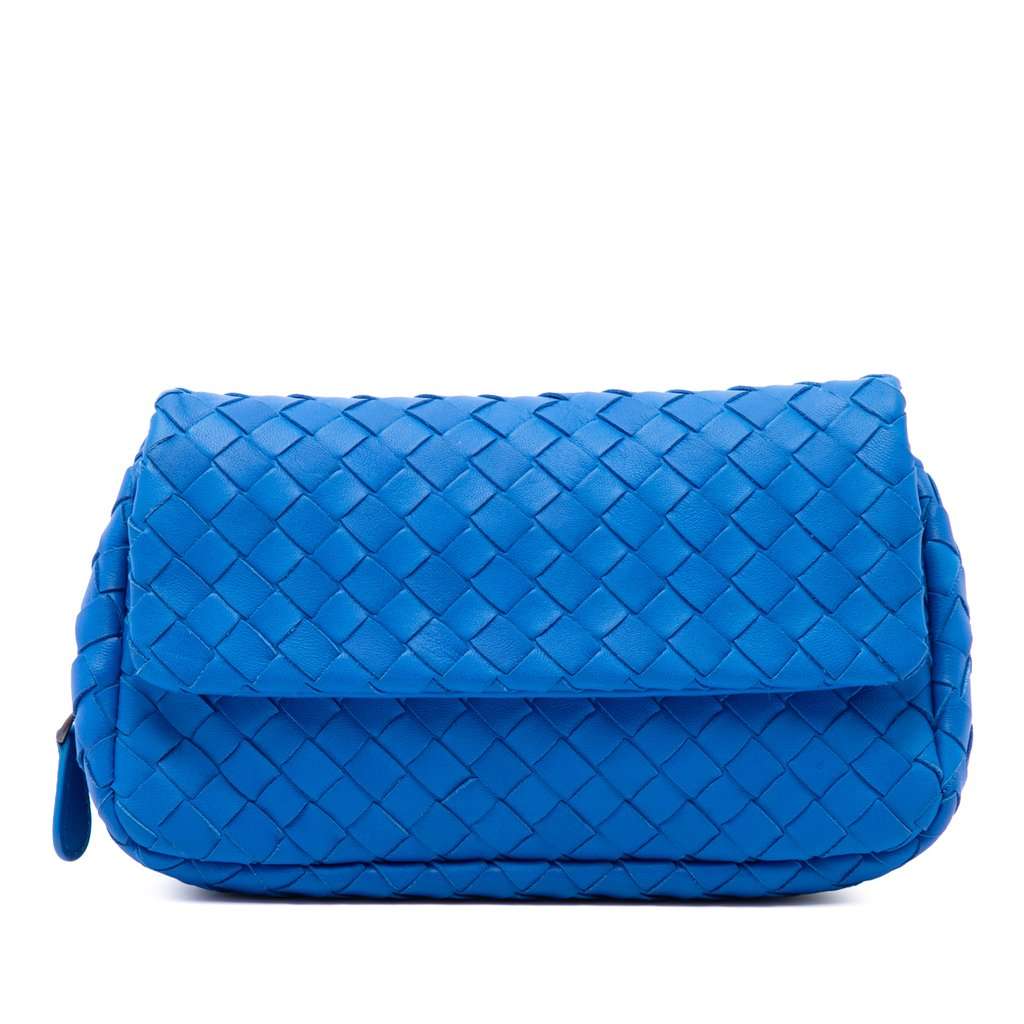 Bottega Veneta Mini Nappa Intrecciato Expandable Chain Flap Crossbody Blue Leather Good - Front View