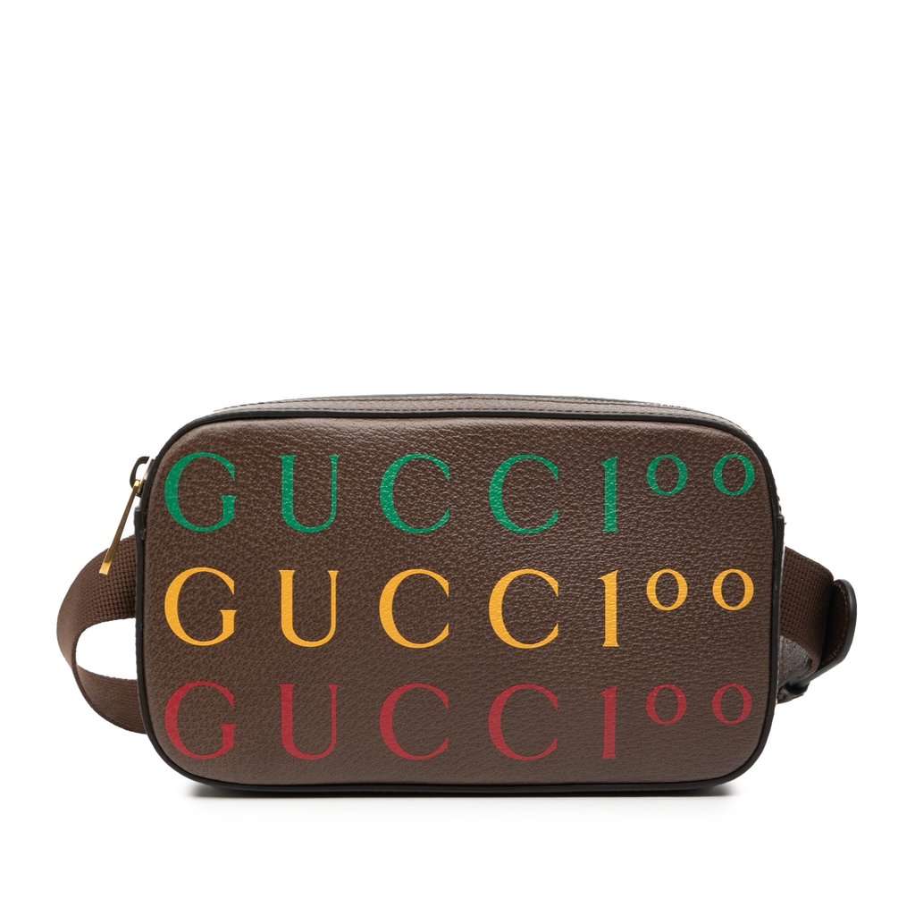 Gucci 100th Anniversary Textured Dollar Calfskin Logo Belt Bag Brown Leather Very good - Front View