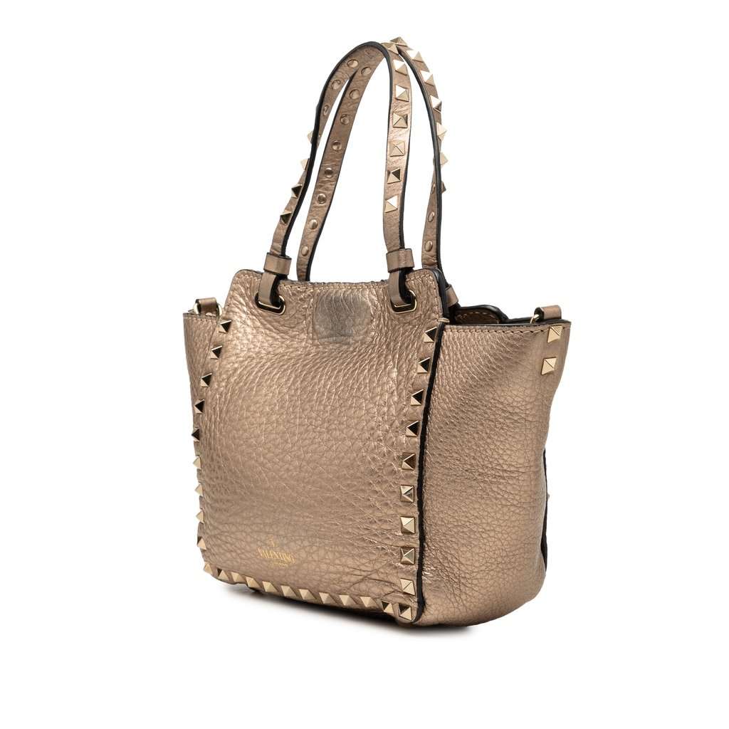 Valentino Mini Metallic Pebbled Calfskin Rockstud Trapeze Satchel Gold Leather Very good condition - Back View