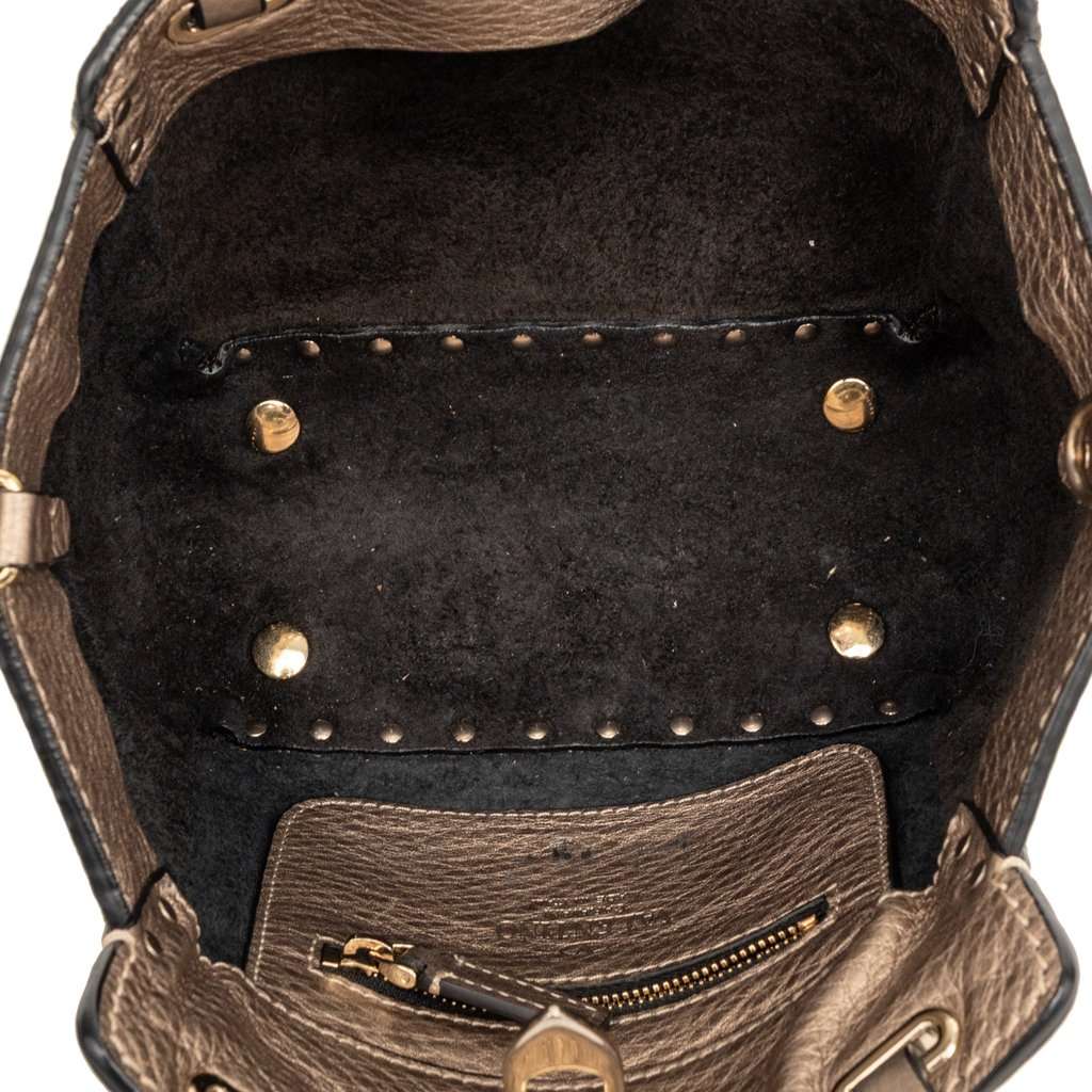 Valentino Mini Metallic Pebbled Calfskin Rockstud Trapeze Satchel Gold Leather Very good condition - Model View