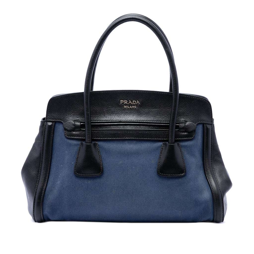 Prada Bicolor Saffiano Cuir Trimmed Canvas Satchel Blue Very good condition - Front View