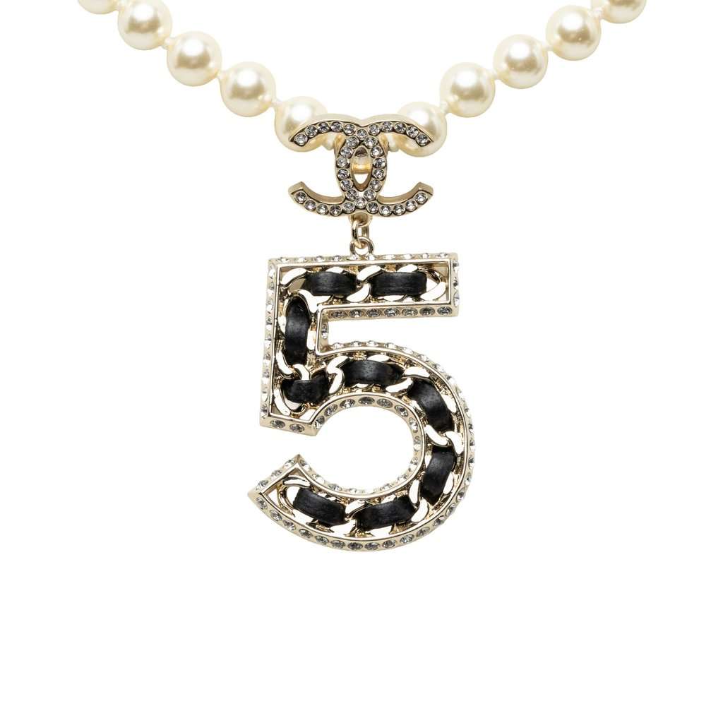 Chanel CC Brass No 5 Strass and Faux Pearl Pendant Necklace Gold Metal Very good - Back View