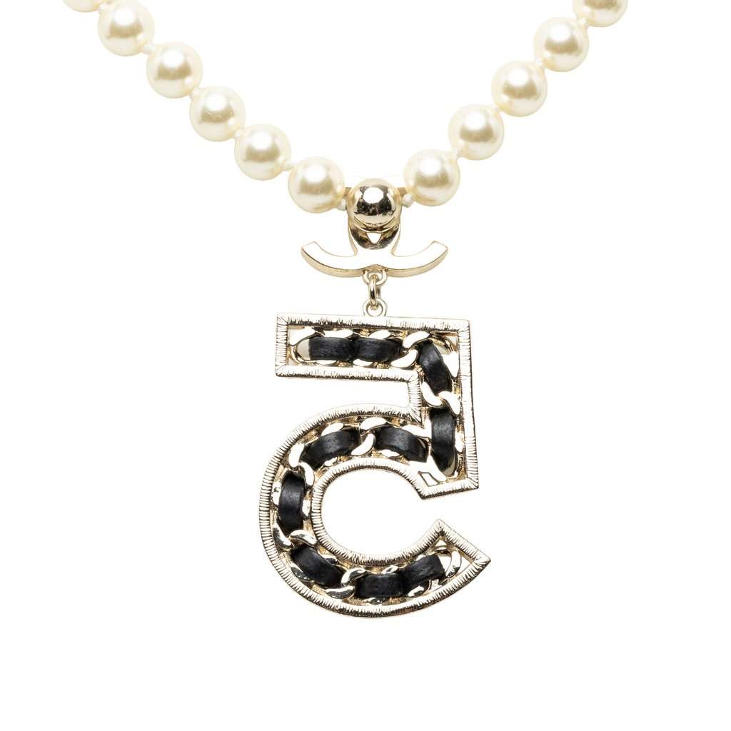 Chanel CC Brass No 5 Strass and Faux Pearl Pendant Necklace Gold Metal Very good - Inside View
