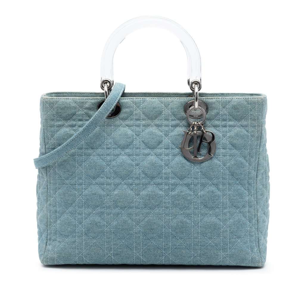 Dior Large Denim Cannage Acrylic Handles Lady Dior Blue Very good - Front View