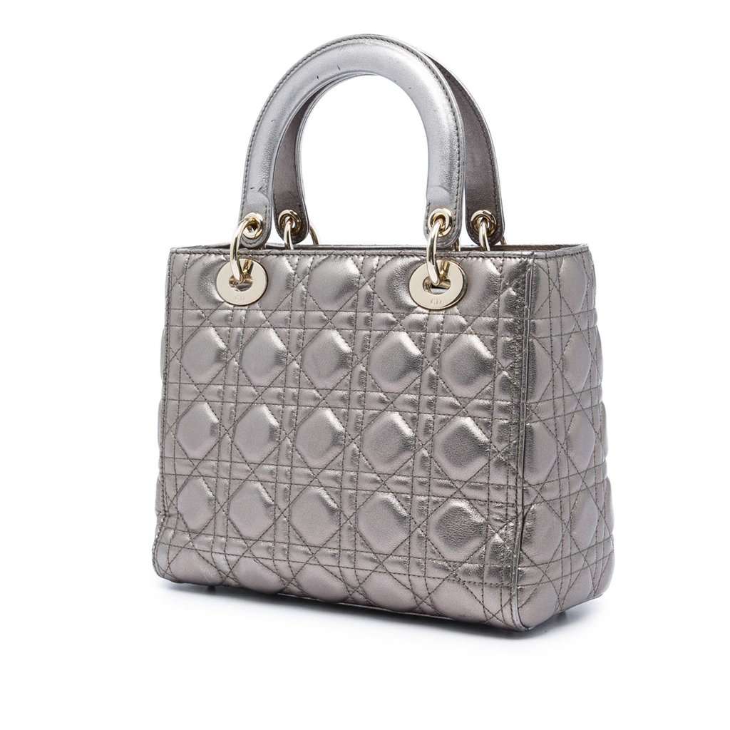 Dior Medium Metallic Lambskin Cannage Lady Dior Silver Leather Very good condition - Back View