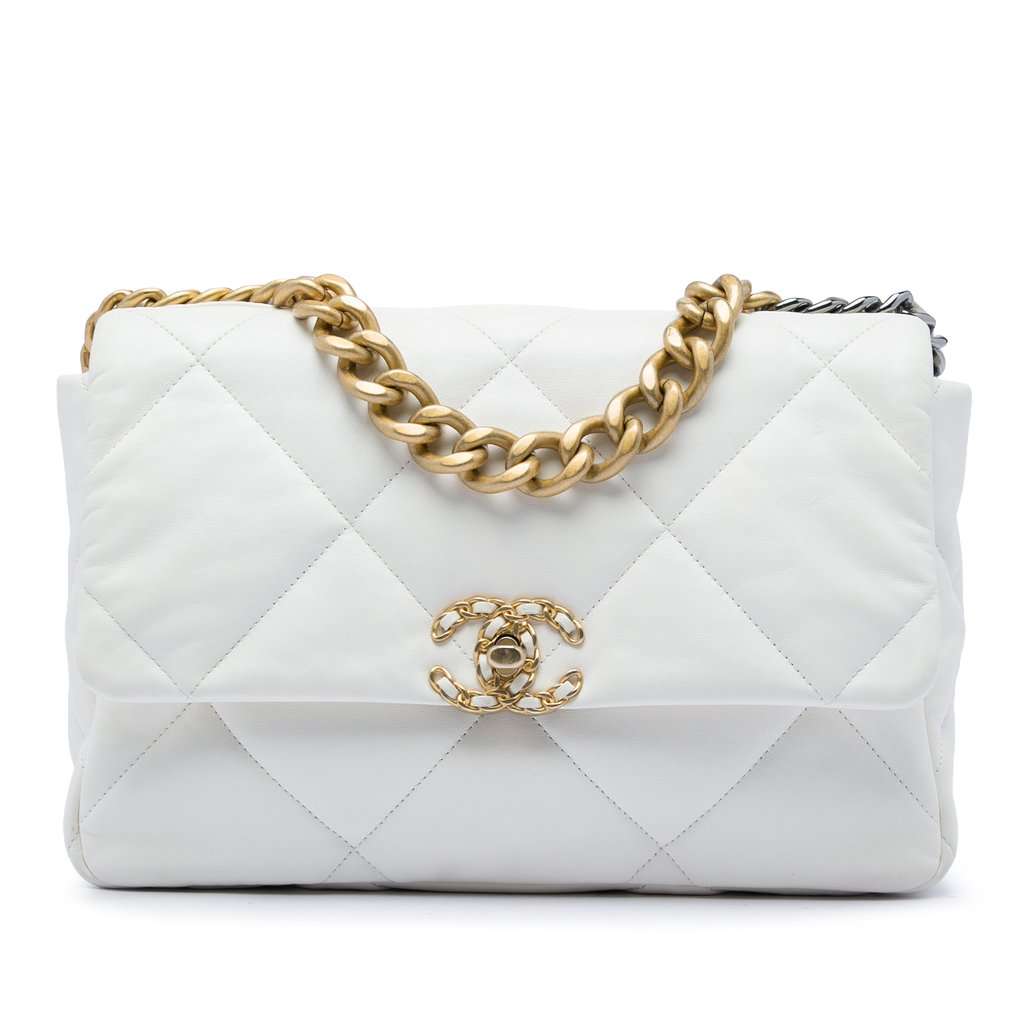 Chanel Large Lambskin 19 Flap White Leather Very good condition - Front View