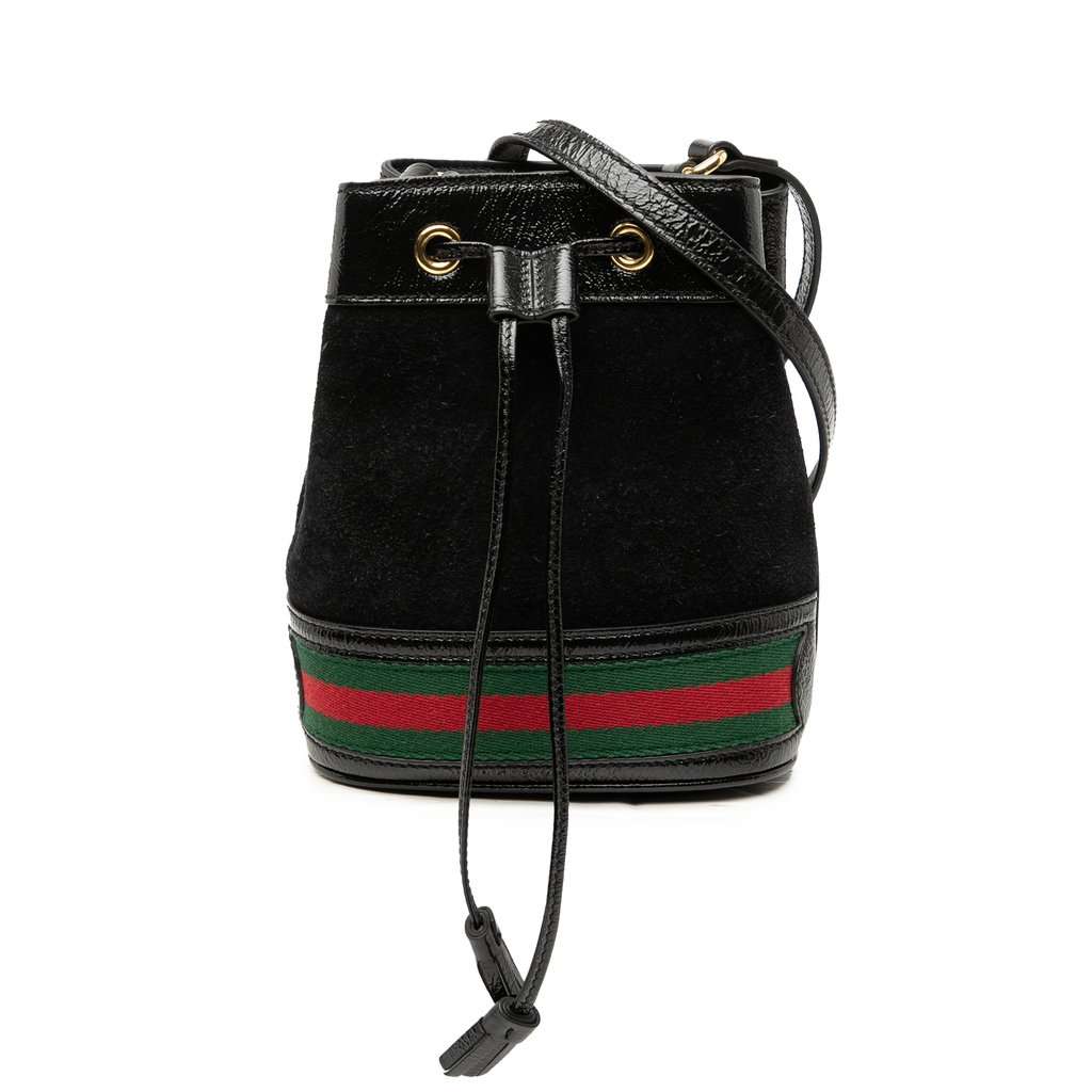 Gucci Mini Suede and Patent Web Ophidia Bucket Bag Black Leather Very good - Front View