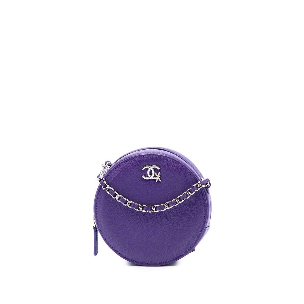 Chanel CC Goatskin Round Ski Clutch with Chain Purple Leather Very good - Front View