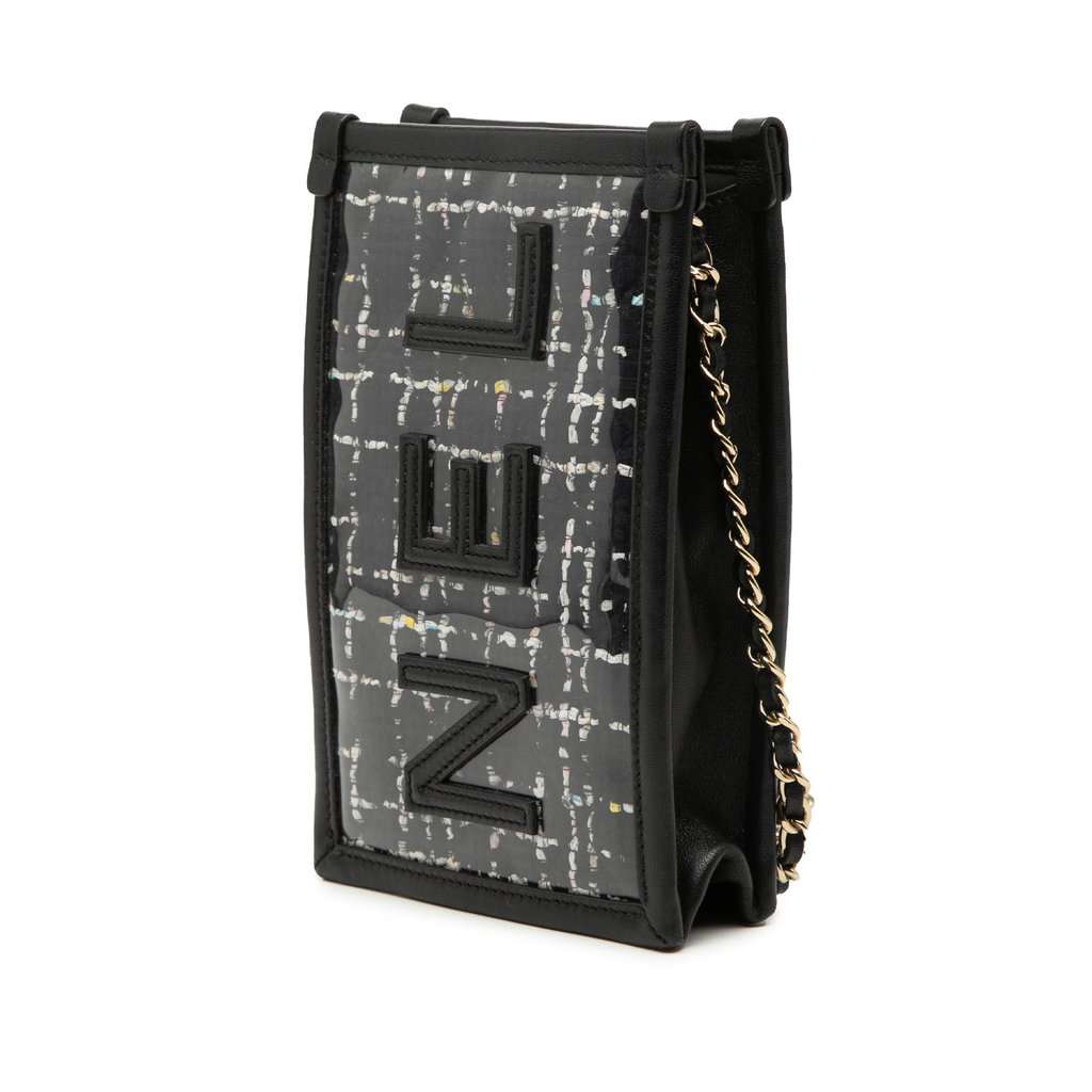 Chanel Tweed and PVC Phone Clutch with Chain Black Very good condition - Back View