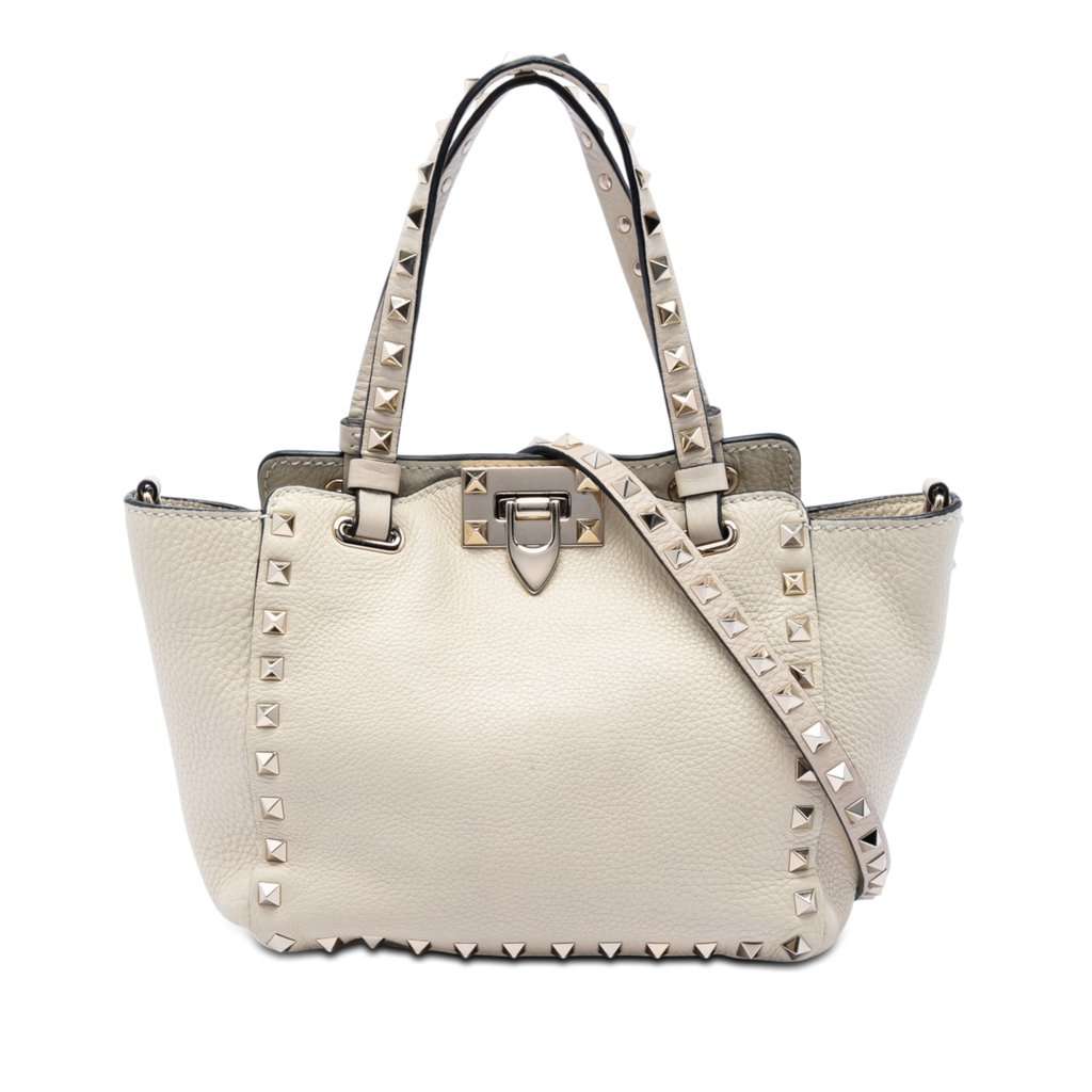 Valentino Mini Pebbled Calfskin Rockstud Trapeze Satchel White Leather Very good condition - Front View