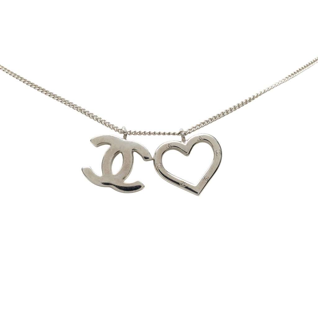 Chanel CC Brass Heart Pendant Necklace Silver Metal Very good - Back View