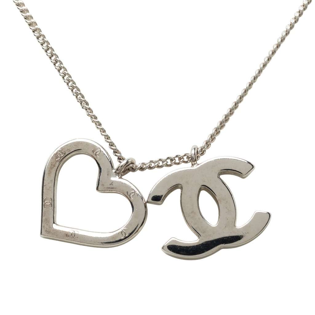 Chanel CC Brass Heart Pendant Necklace Silver Metal Very good - Inside View