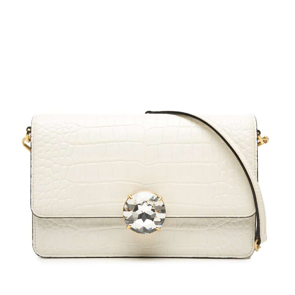Miu Miu Croc Embossed Leather Crystal Solitaire Crossbody White Leather Very good condition - Front View