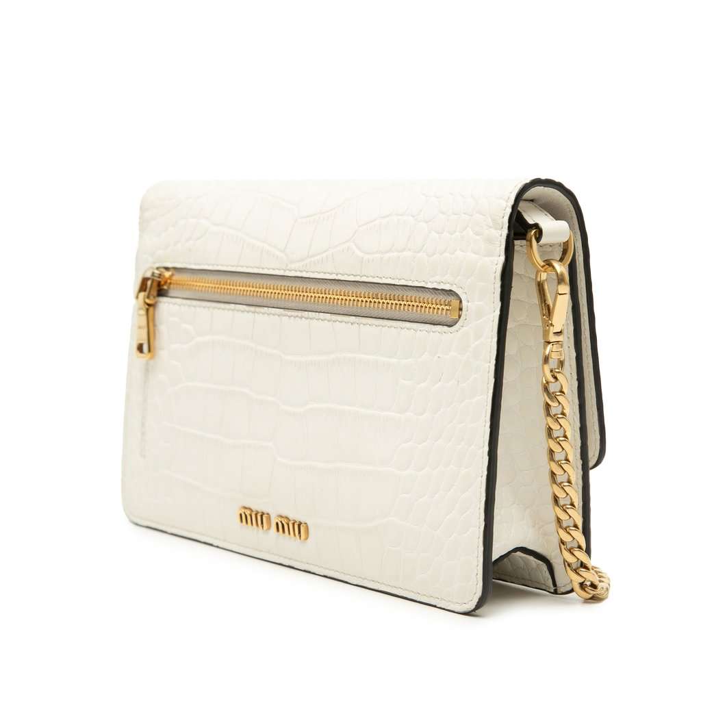 Miu Miu Croc Embossed Leather Crystal Solitaire Crossbody White Leather Very good condition - Back View