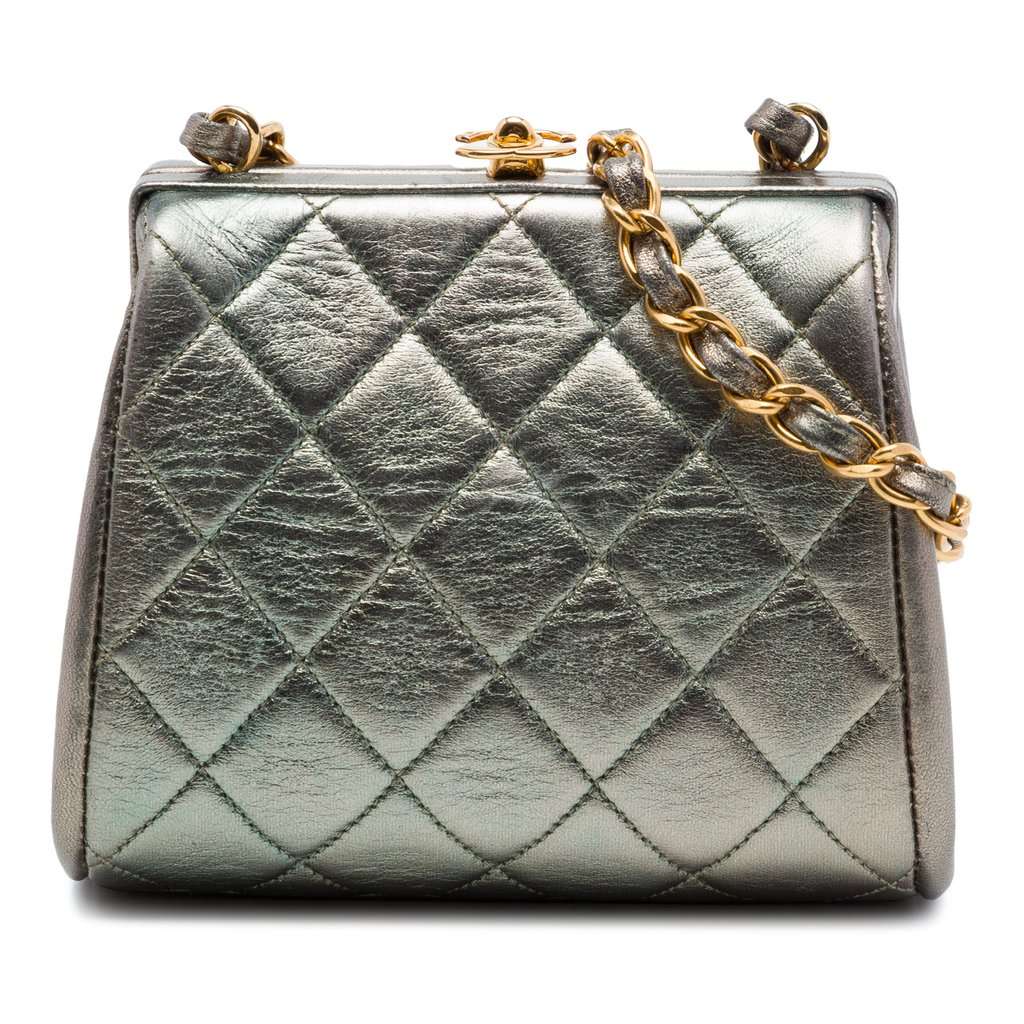 Chanel Mini CC Quilted Metallic Lambskin Frame Crossbody Silver Leather Very good condition - Front View