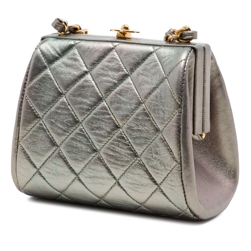Chanel Mini CC Quilted Metallic Lambskin Frame Crossbody Silver Leather Very good condition - Back View