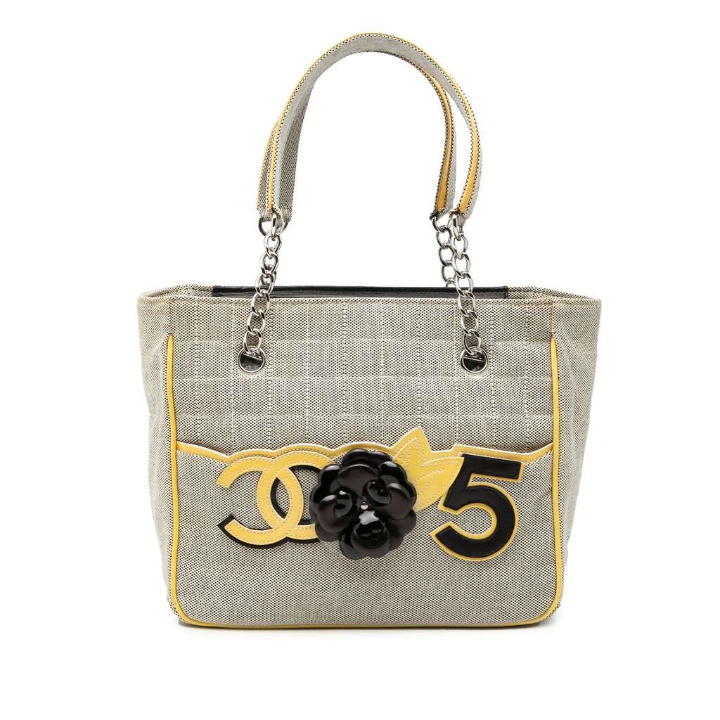 Chanel CC Camellia No. 5 Choco Bar Canvas Tote Silver Very good condition - Front View