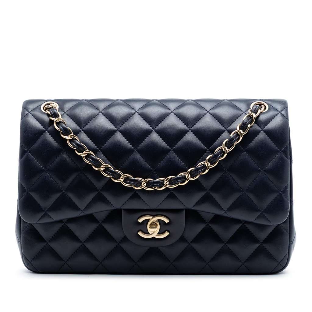 Chanel Jumbo Classic Lambskin Double Flap Blue Leather Very good condition - Front View