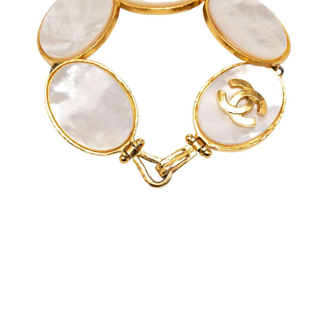 Chanel Gold Plated CC Mother of Pearl Cuff Bracelet Gold Metal Very good condition - Model View