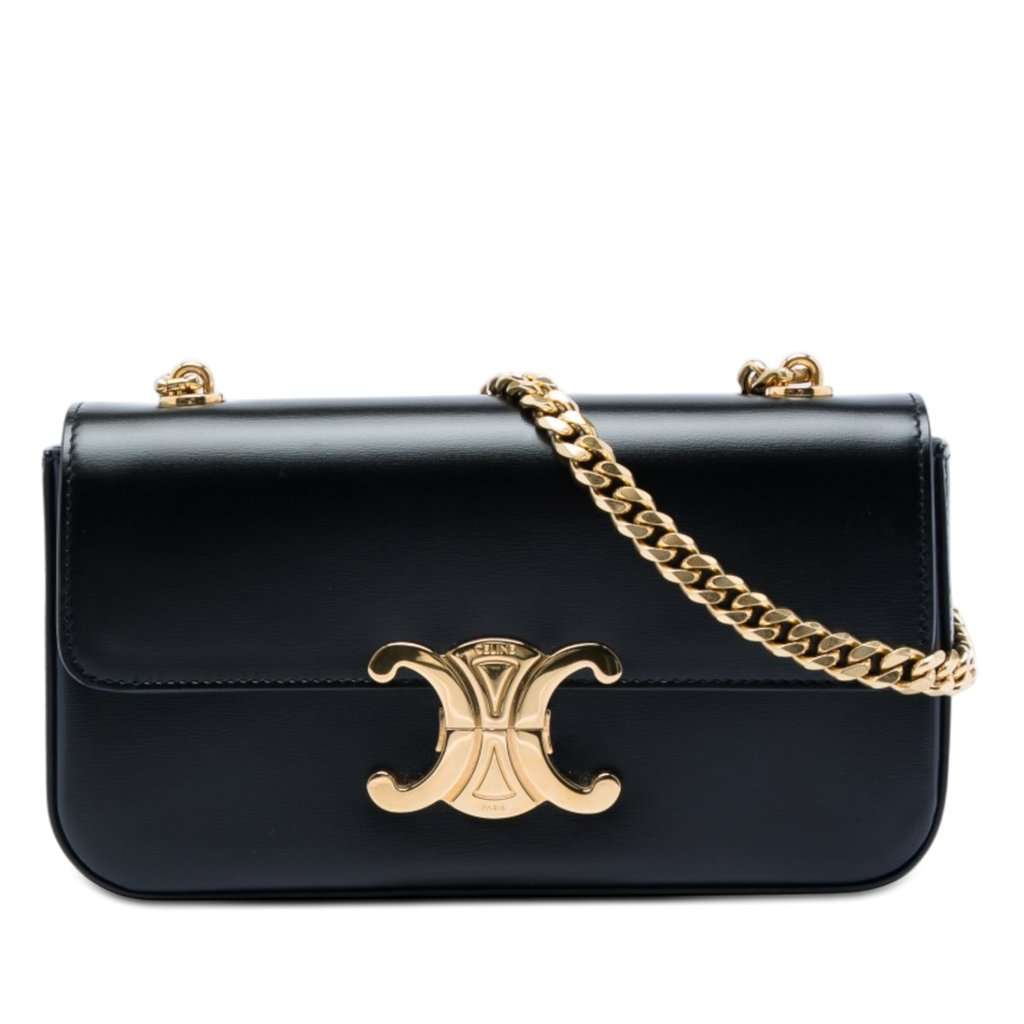 Celine Shiny Calfskin Claude Chain Shoulder Bag Black Leather Very good - Front View