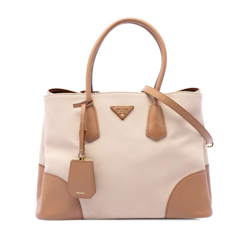 Prada Medium Canvas and Saffiano Cuir Double Satchel Beige Very good condition - Front View