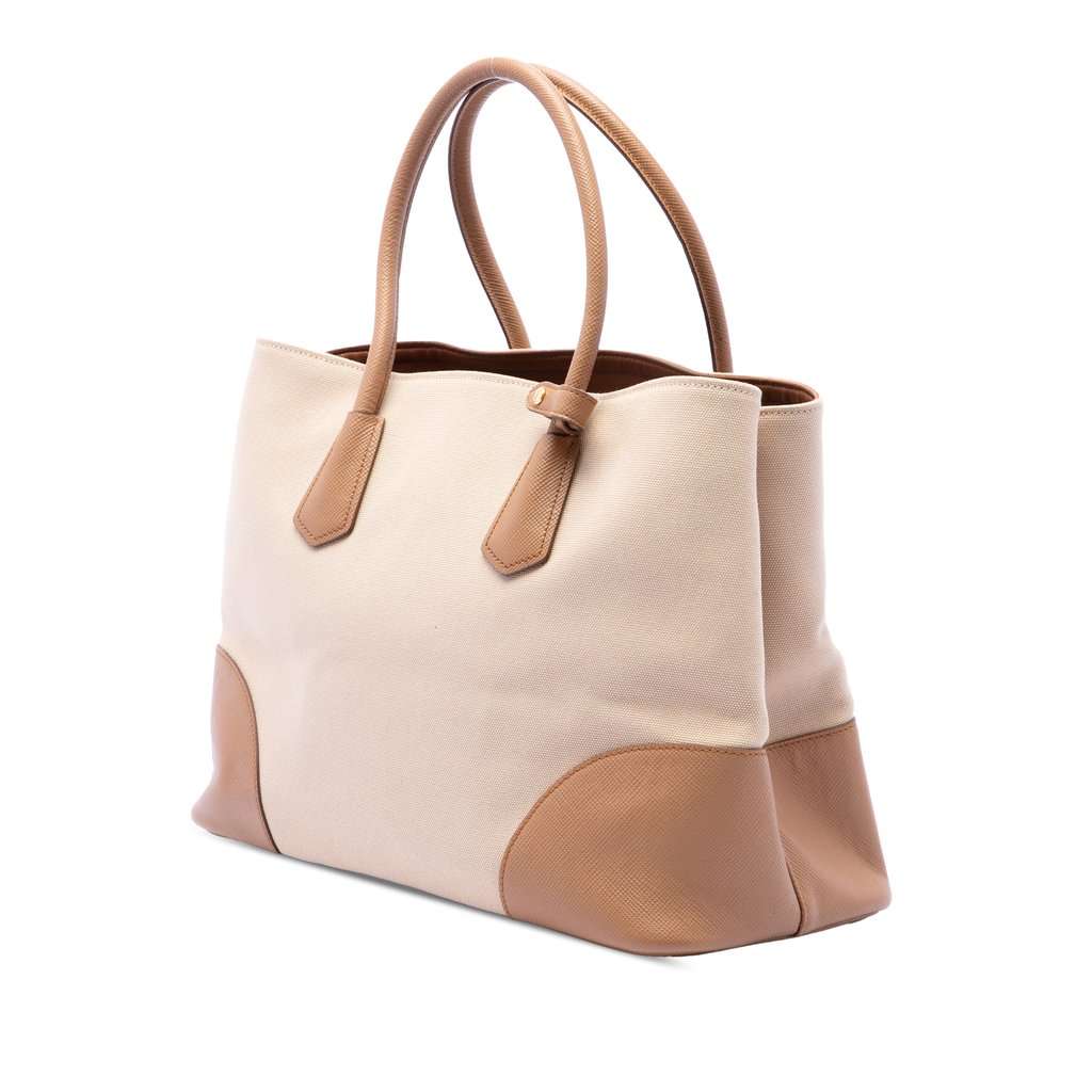 Prada Medium Canvas and Saffiano Cuir Double Satchel Beige Very good condition - Back View