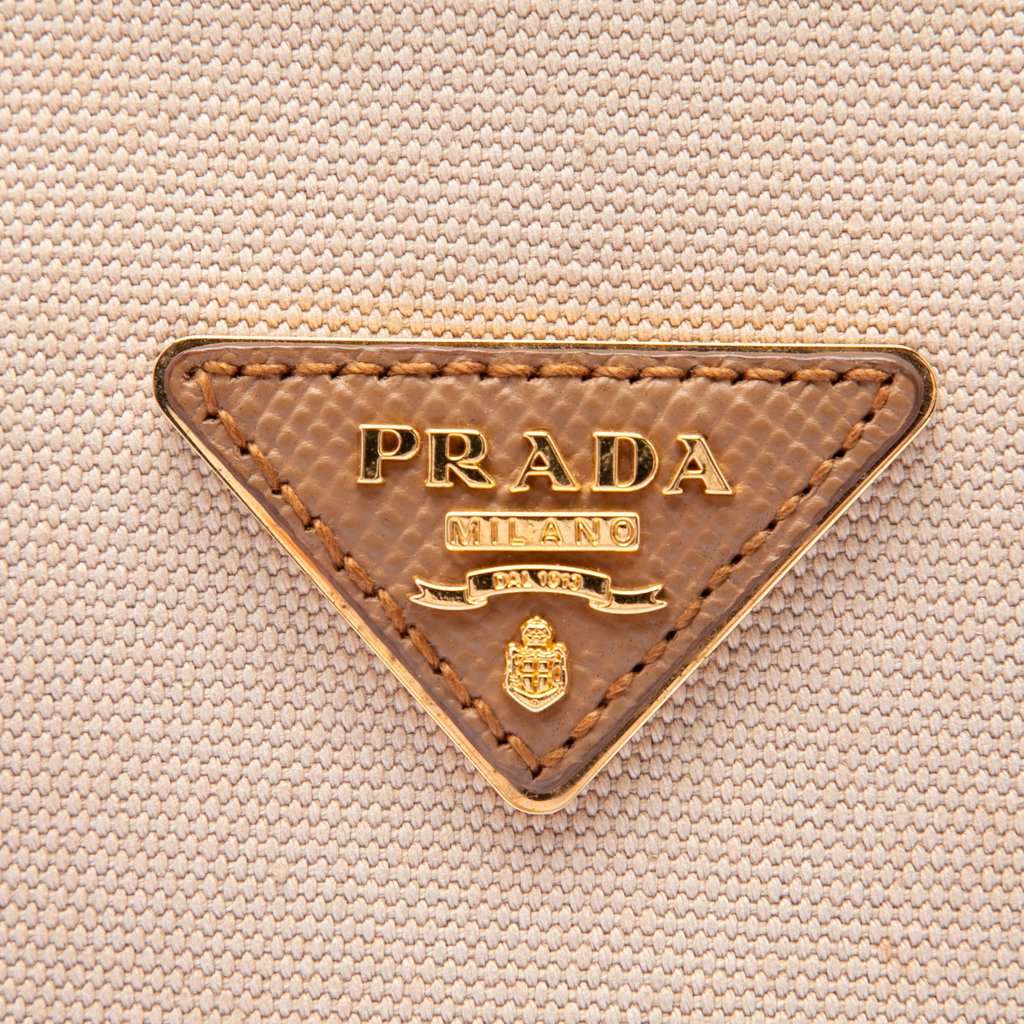 Prada Medium Canvas and Saffiano Cuir Double Satchel Beige Very good condition - Box View