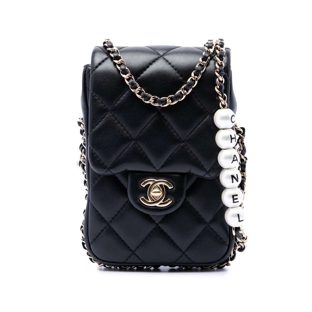 Chanel Quilted Lambskin My Precious Pearls Phone Holder with Chain Black Leather Very good - Front View