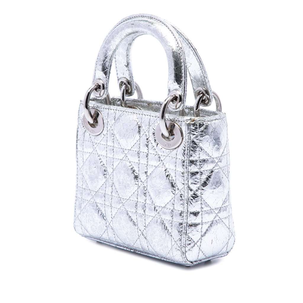 Dior Micro Metallic Crinkled Calfskin Cannage Lady Dior Silver Leather Very good condition - Back View
