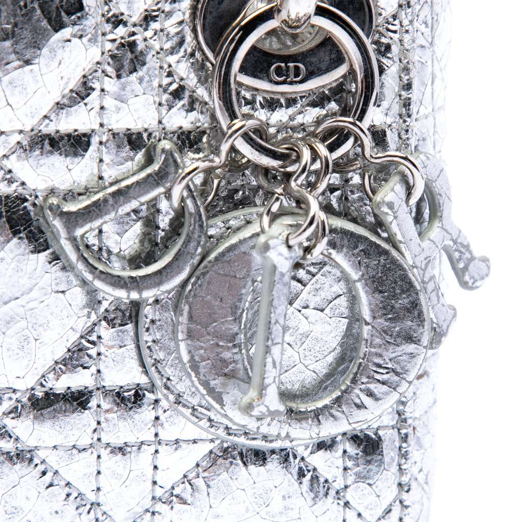 Dior Micro Metallic Crinkled Calfskin Cannage Lady Dior Silver Leather Very good condition - Box View