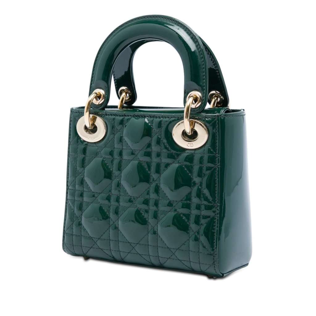 Dior Mini Patent Cannage Lady Dior Green Leather Very good condition - Back View
