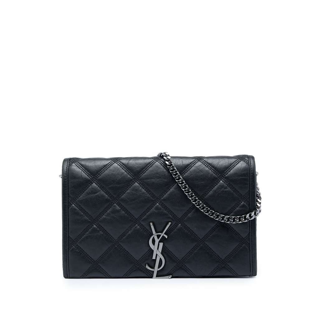 Saint Laurent Quilted Diamond Lambskin Becky Wallet on Chain Black Leather Very good - Front View