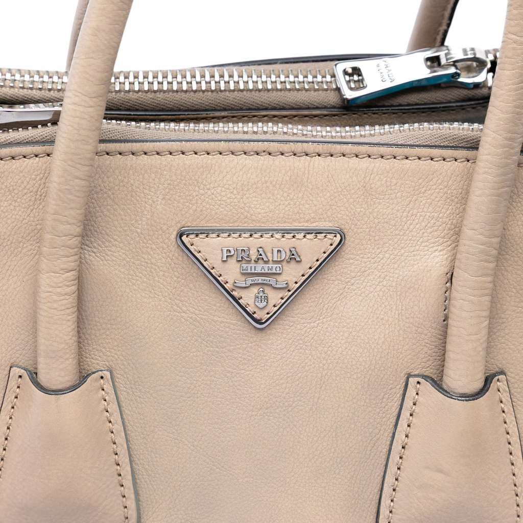 Prada Small Glace Calf Twin Pocket Satchel Beige Leather Very good condition - Box View