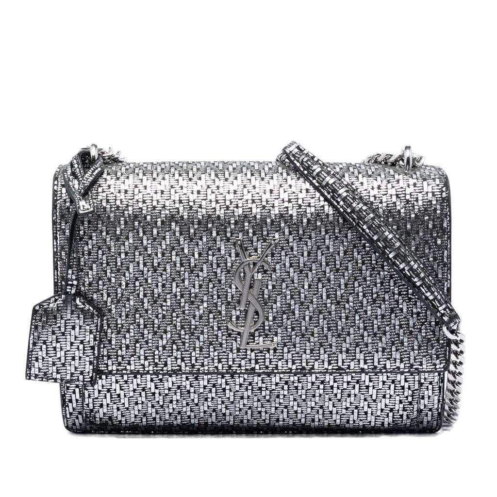 Saint Laurent Medium Metallic Woven Leather Monogram Sunset Crossbody Silver Leather Very good condition - Front View