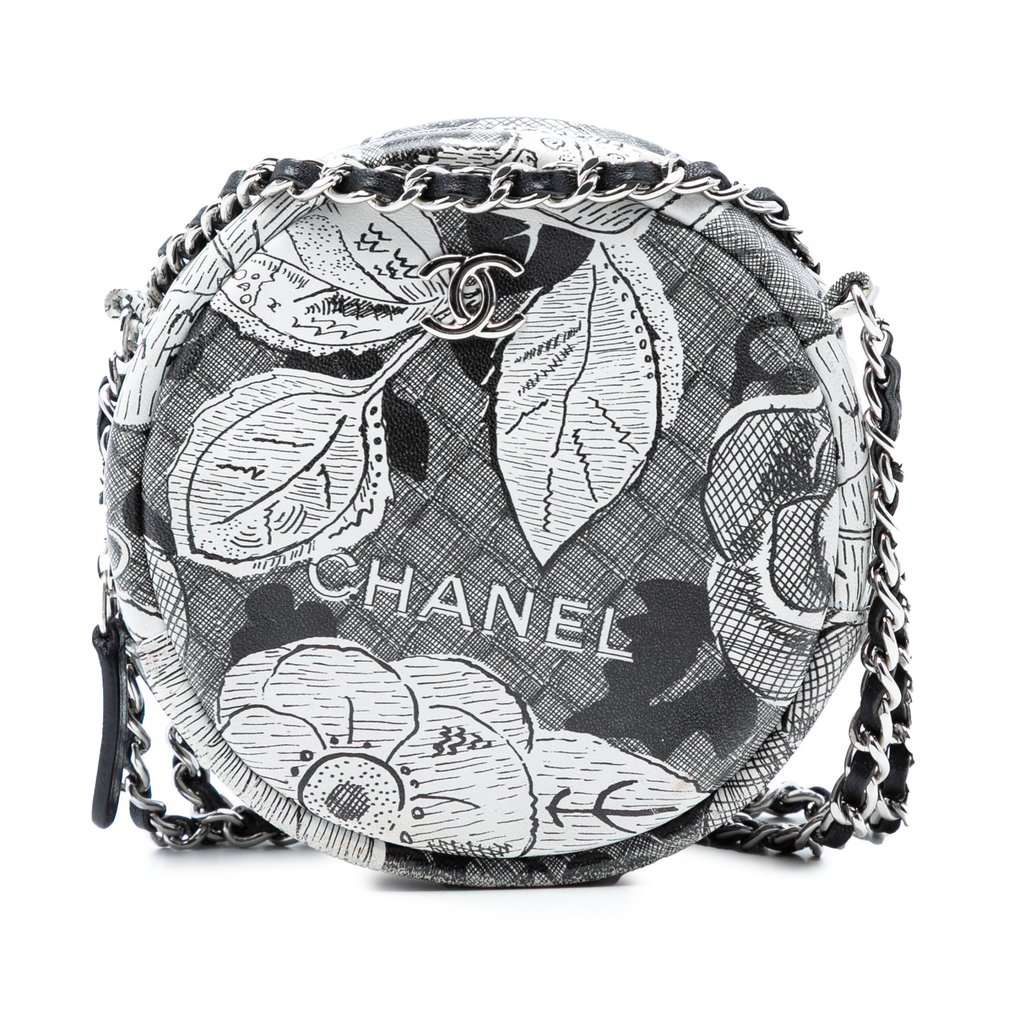 Chanel CC Calfskin Floral Round Clutch on Chain White Leather Very good condition - Front View