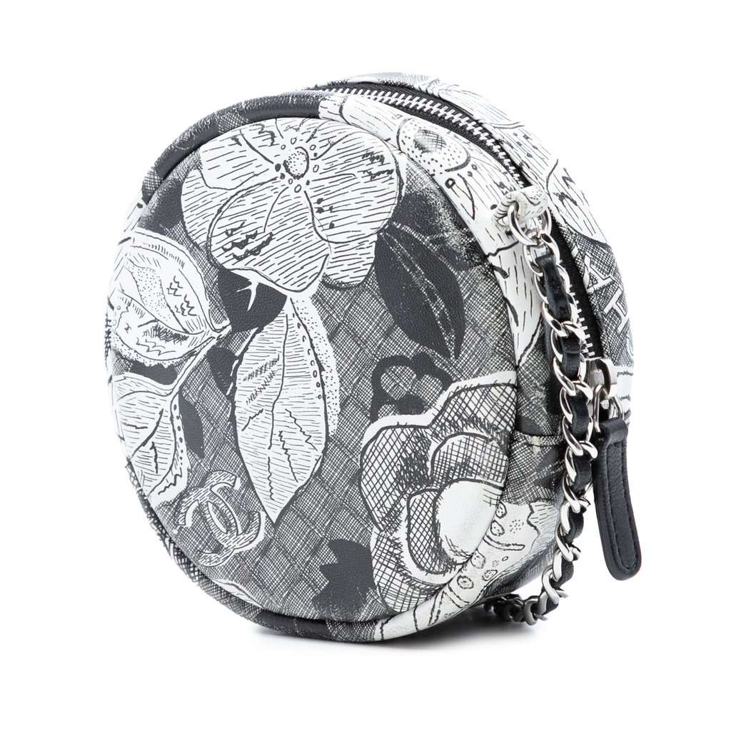 Chanel CC Calfskin Floral Round Clutch on Chain White Leather Very good condition - Back View